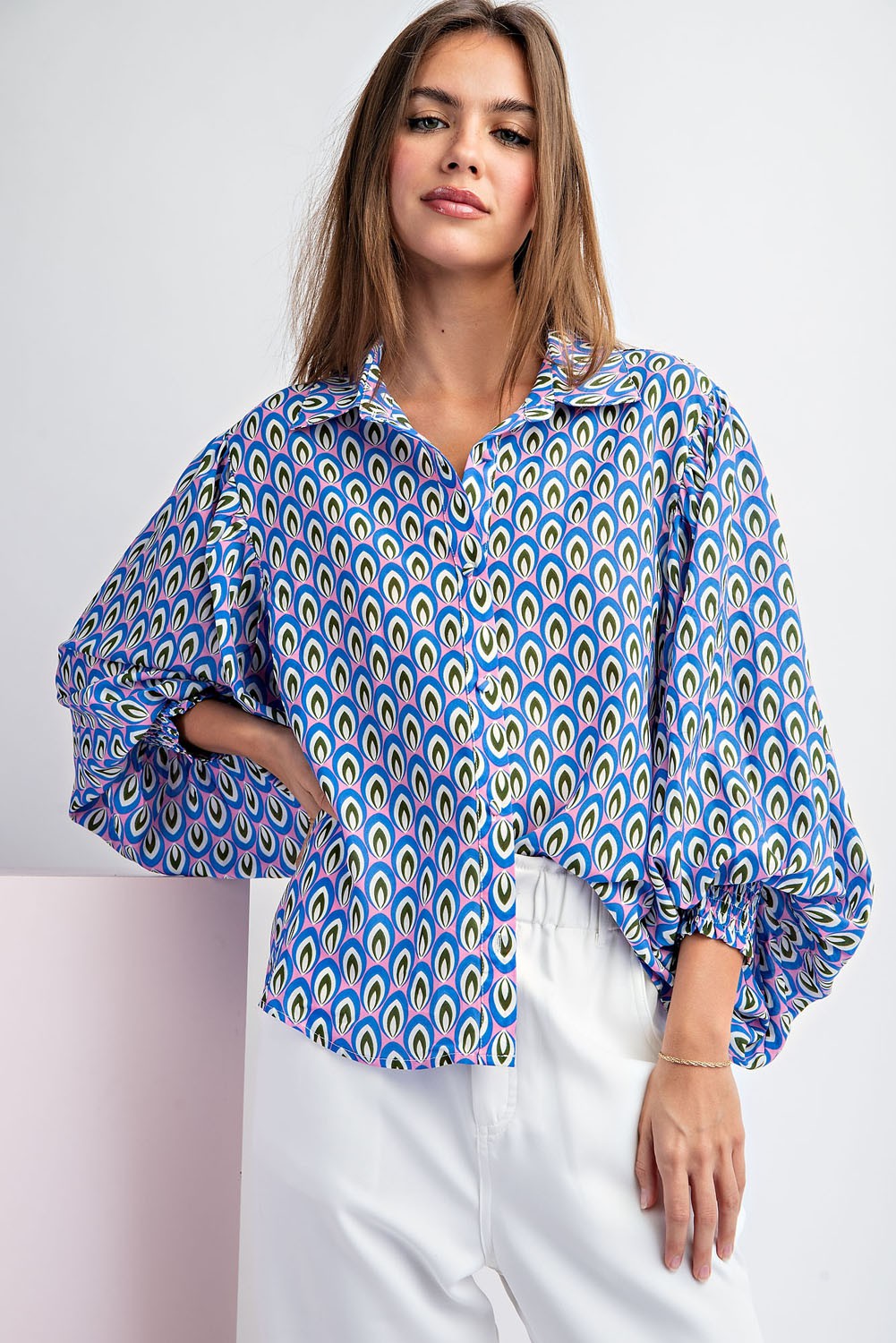 PRINTED BUBBLE SLEEVE BLOUSE TOP