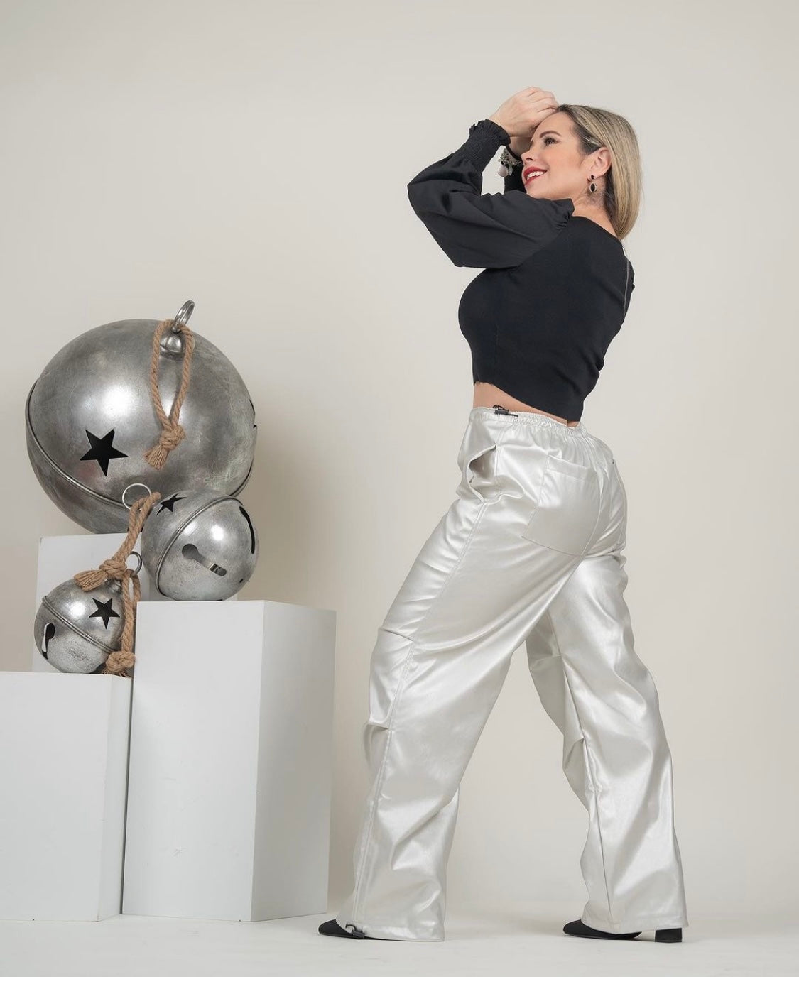 SILVER LEATHER WAIST BAND ADJUSTABLE PANT W/POCKET