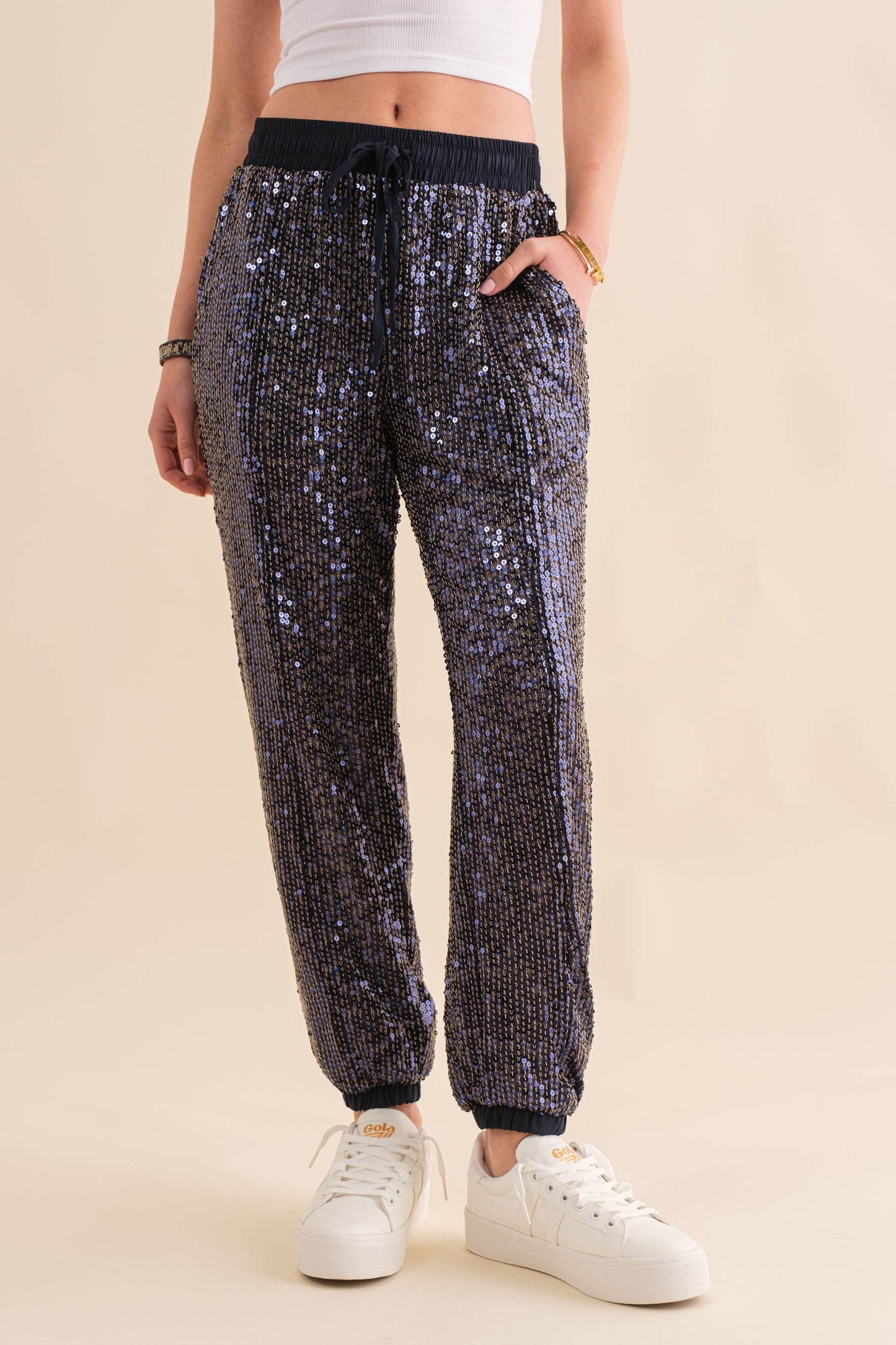 NAVY SEQUINS JOGGER PANTS WITH POCKETS