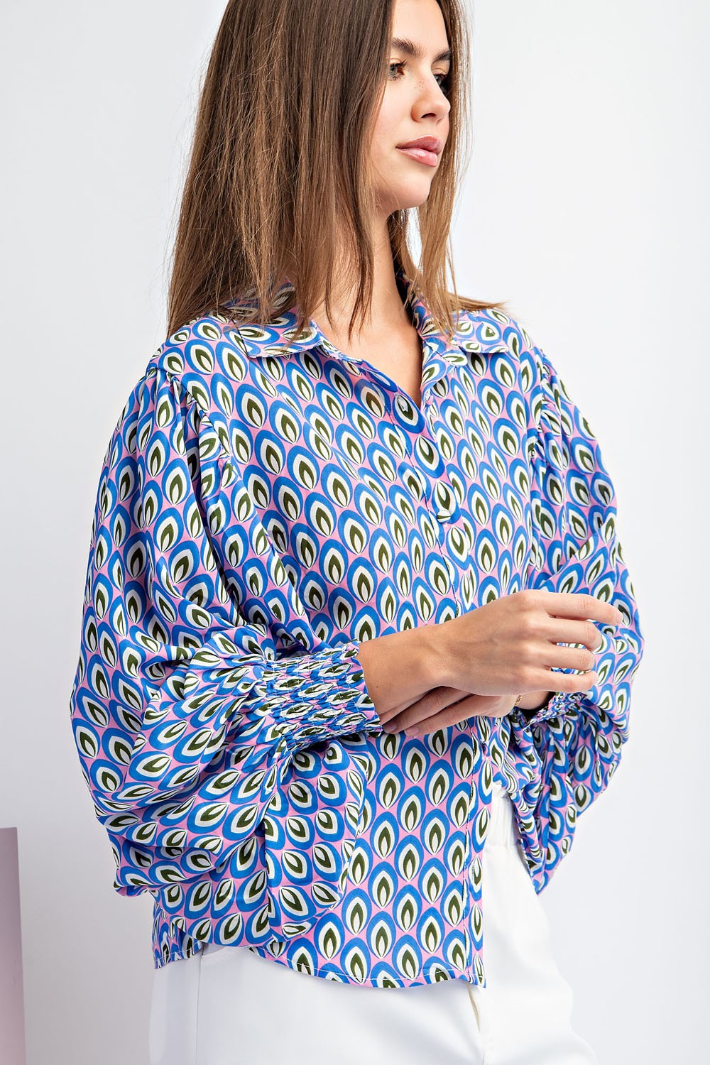 PRINTED BUBBLE SLEEVE BLOUSE TOP