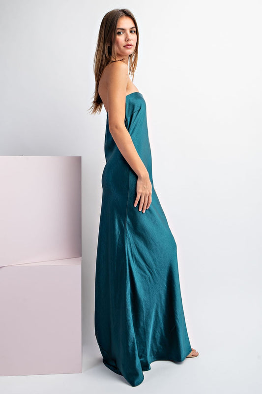 SATIN STRAPLESS MAXI DRESS