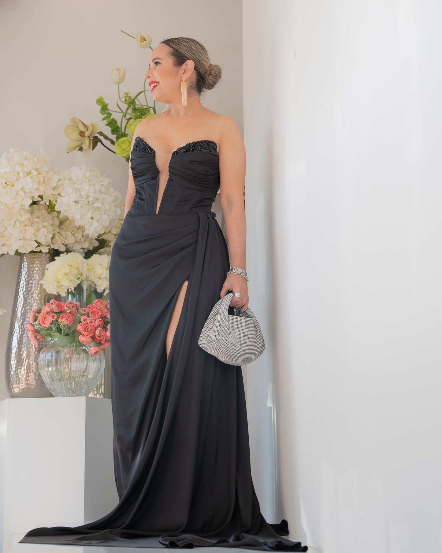 STRAPLESS SATIN DRESS