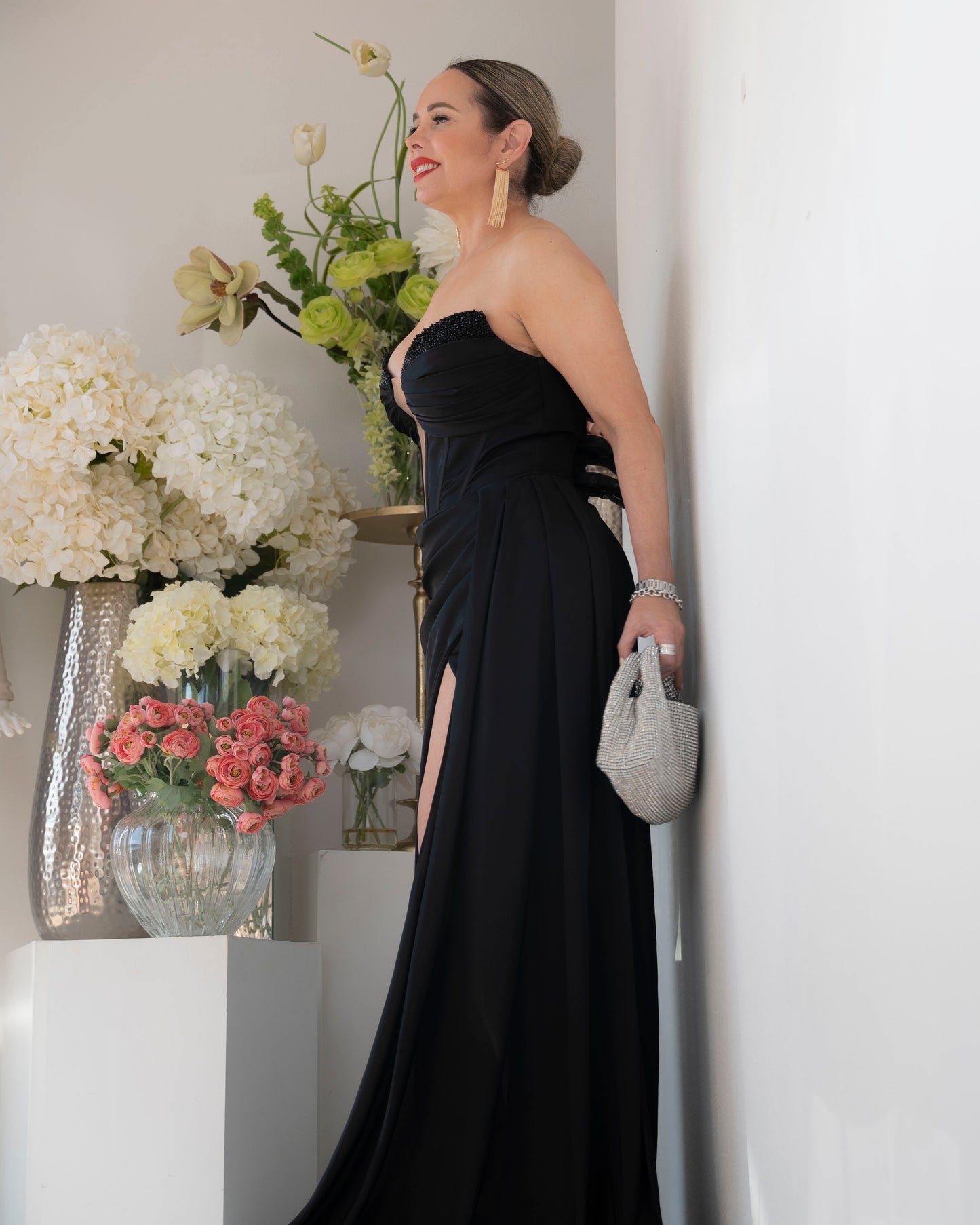 STRAPLESS SATIN DRESS