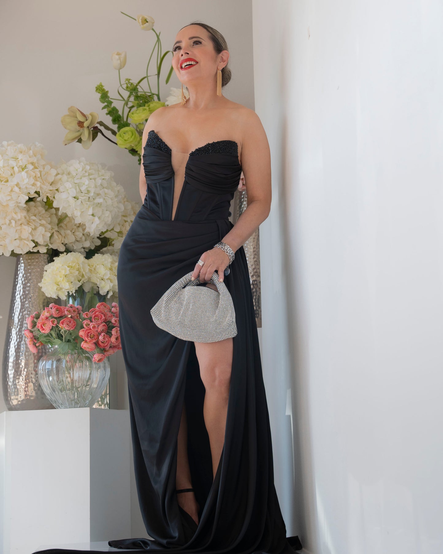 STRAPLESS SATIN DRESS